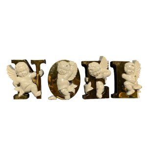 Vintage Noel Cherub Wall Plaques with Gold Letters & Ivory Angels by Burwood